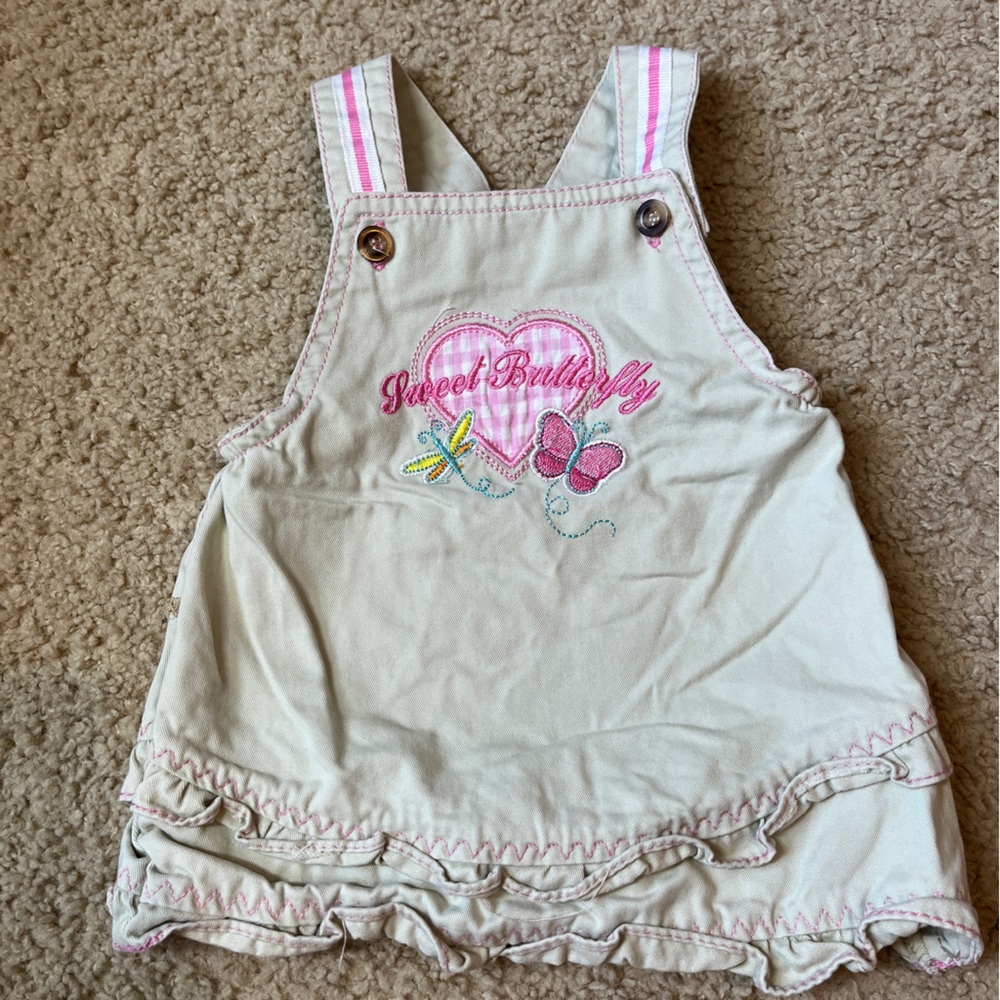 Vintage Mon Petit 12m Baby Girl Sweet Butterfly Khaki Overall Dress Overalls Tan